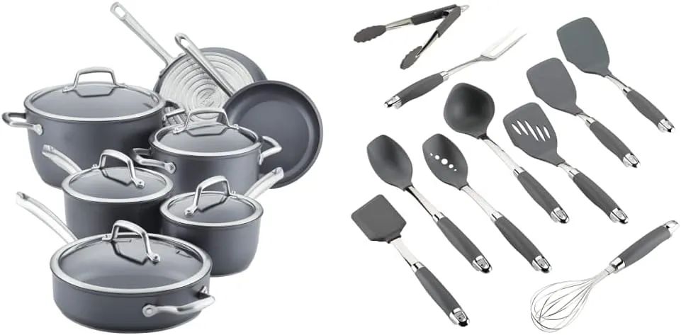 Anolon Accolade Forged Hard Anodized Nonstick Cookware Pots and Pans Set, 12 Piece - Moonstone Gray & 10-Piece Nylon Mixed Tool Set, Graphite