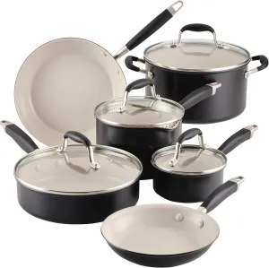 Anolon Advanced Ceramic Nonstick Pots and Pans, cookware made for confident cooking without PFAS, Induction Suitable, Dishwasher Safe, 10 Piece Cookware Set - Black with Cream Ceramic Interior