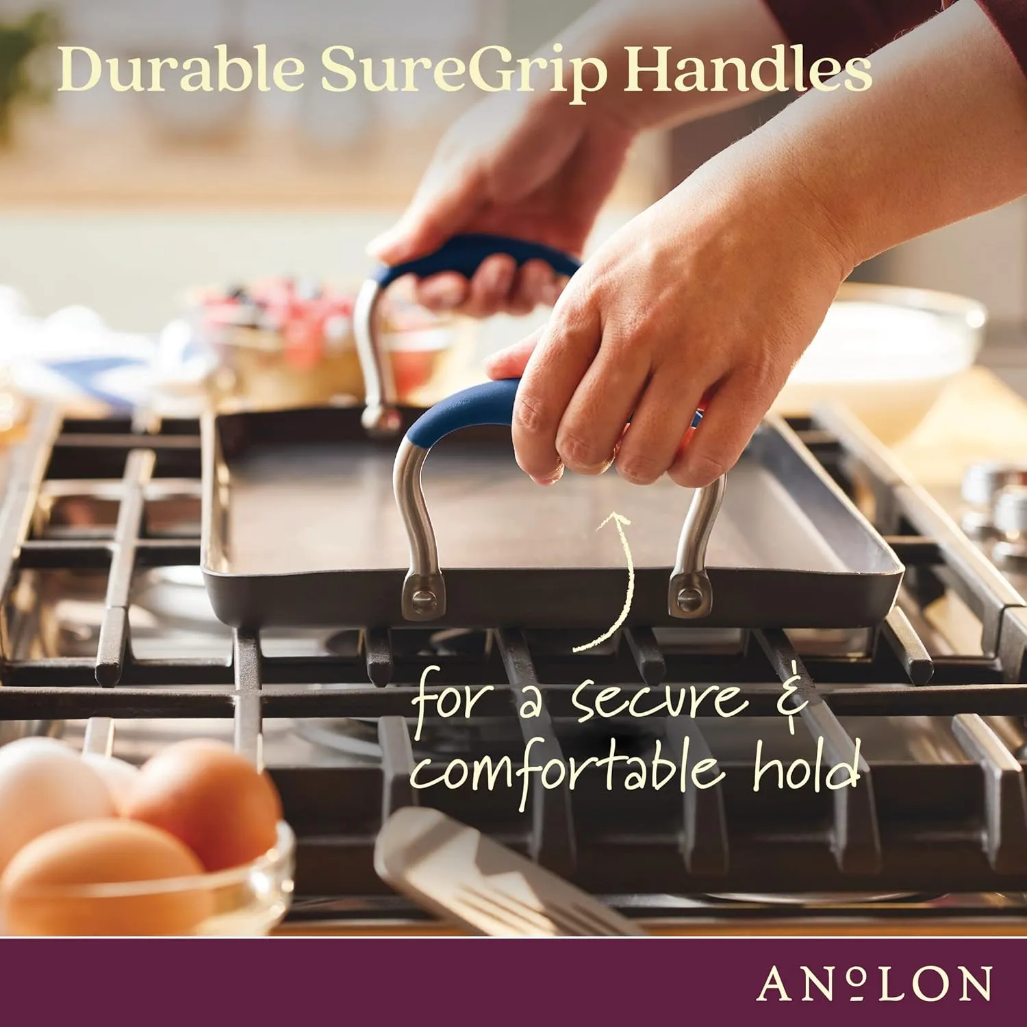 Anolon Advanced Hard Anodized Nonstick Double Burner Griddle with Multi-Purpose Rack, 10-Inch by 18-Inch, Indigo