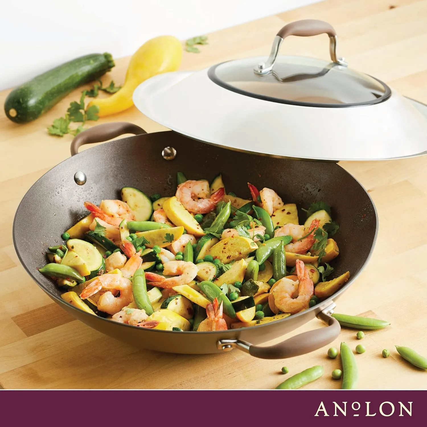 Anolon Advanced Home Hard Anodized Nonstick Wok/Stir Fry with Side Handles and Lid, 14 Inch, Bronze