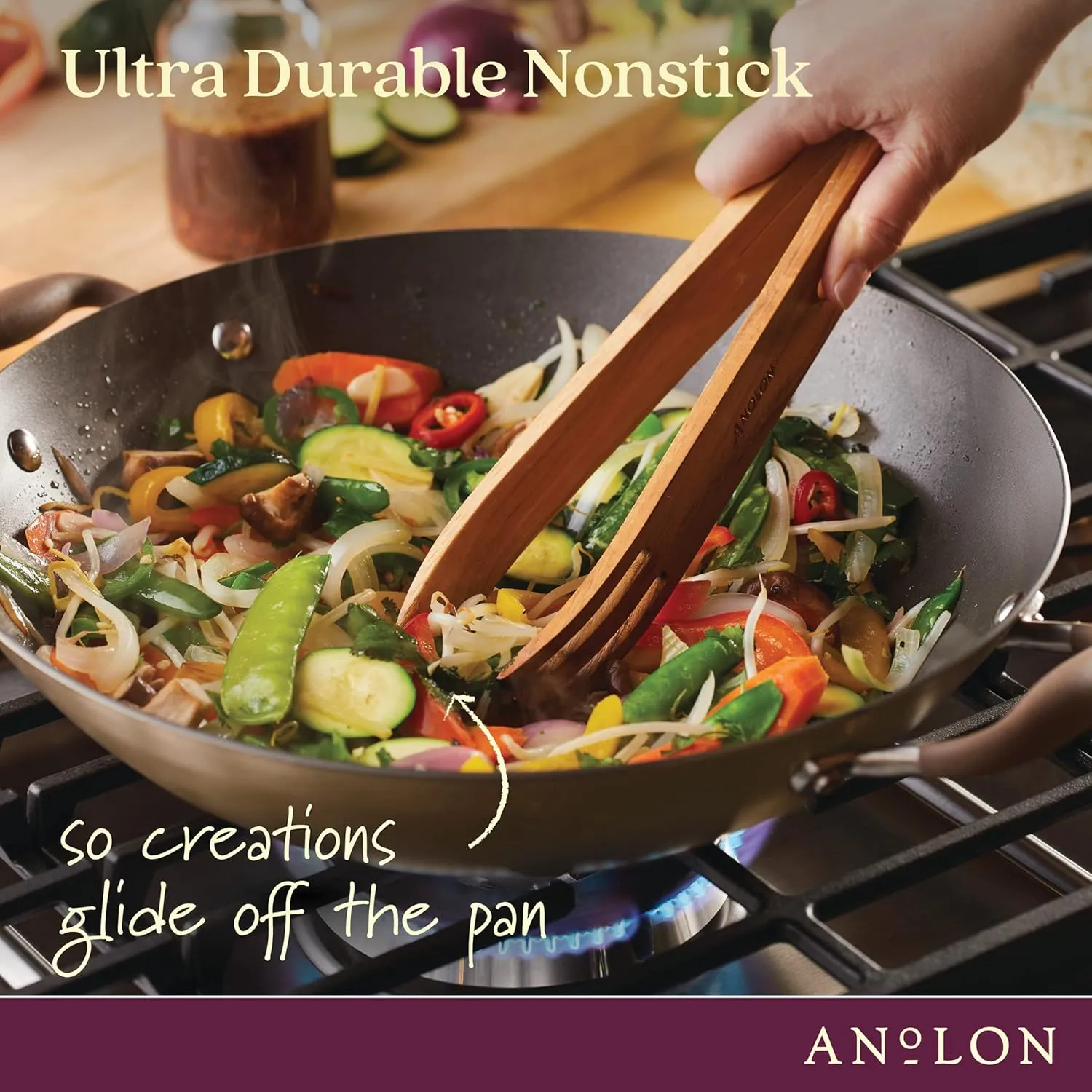 Anolon Advanced Home Hard Anodized Nonstick Wok/Stir Fry with Side Handles and Lid, 14 Inch, Bronze