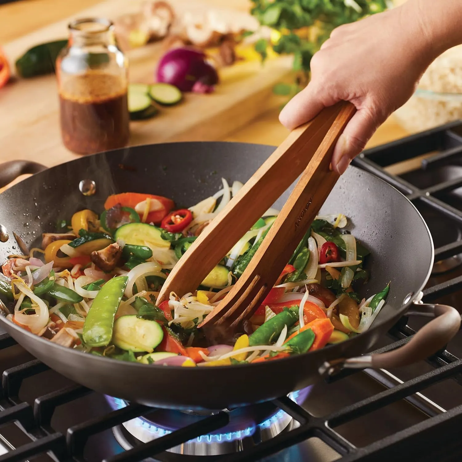 Anolon Advanced Home Hard Anodized Nonstick Wok/Stir Fry with Side Handles and Lid, 14 Inch, Bronze