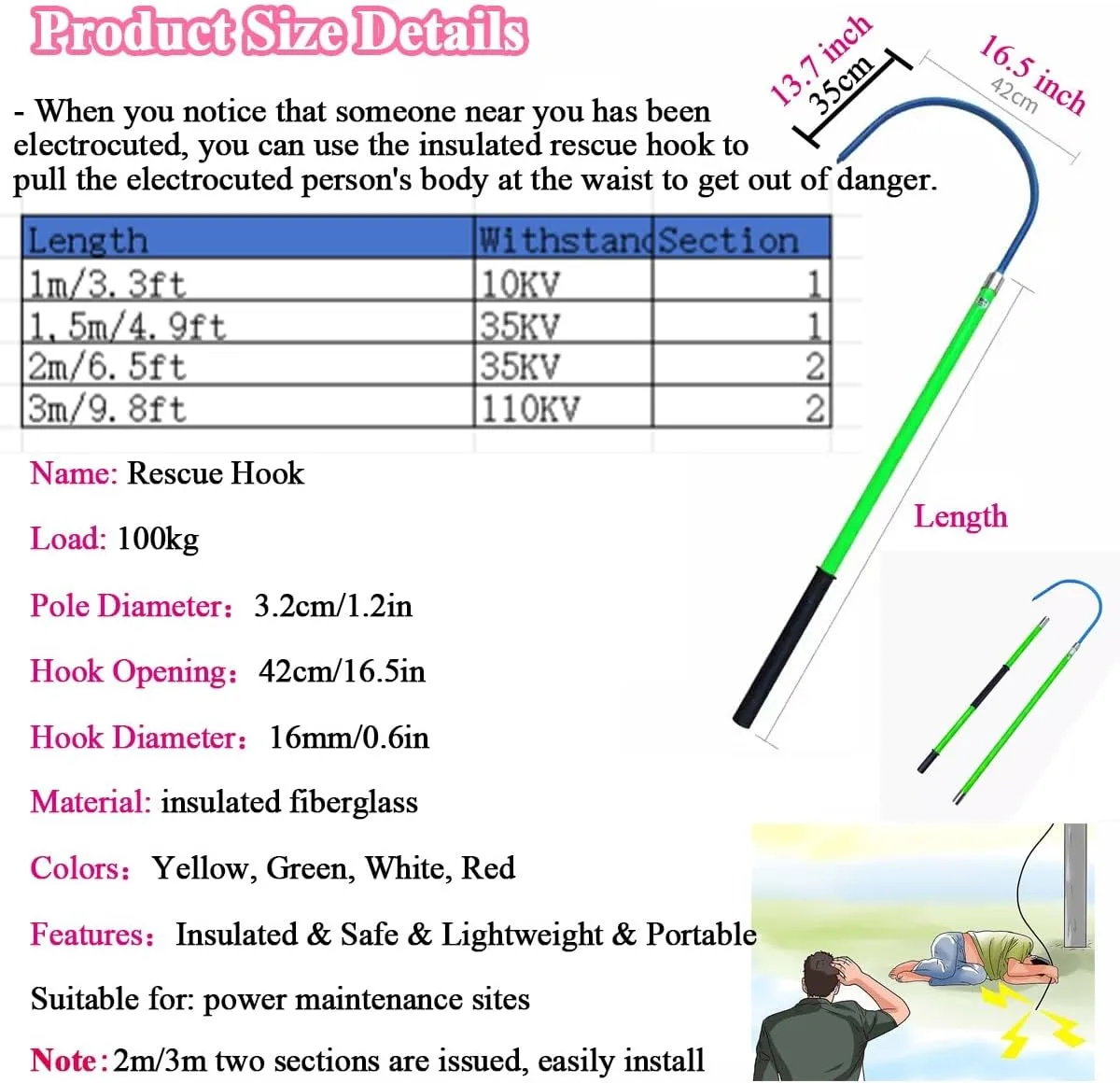 Anti-Electrocution Rescue Hose，Insulated Rescue Hook, High Voltage Electricity Anti-electrocution Lifeguard Rod Emergency Lifesaving Pole Pulling Man Hook Electrical Shock Safety Tools for F