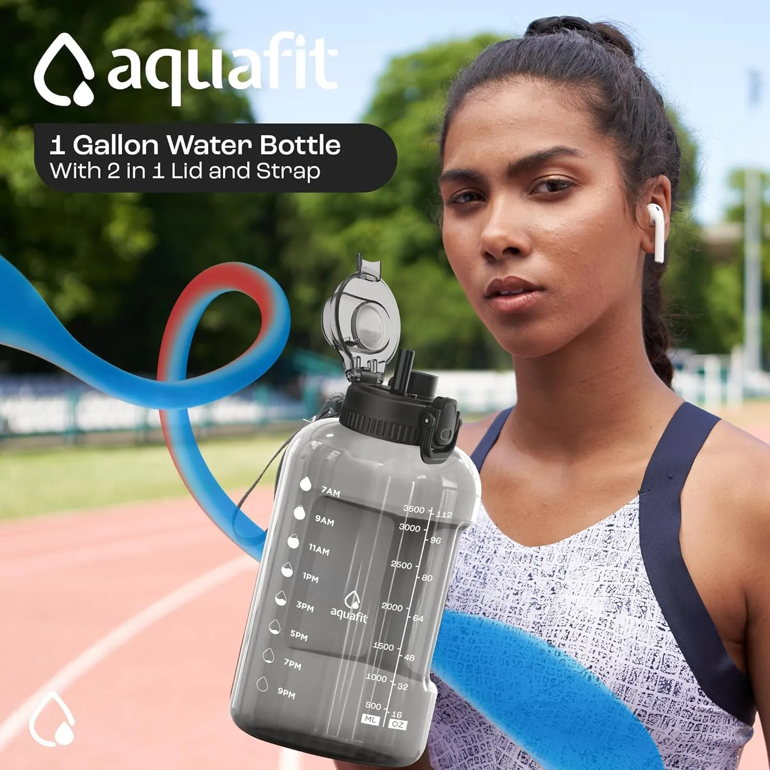 AQUAFIT 1 Gallon Water Bottle With Time Marker - 2in1 Straw & Chug Lid - BPA Free Big Jug With Handle - Gym Bottle (128 oz - 2in1 Lid, Clarity)