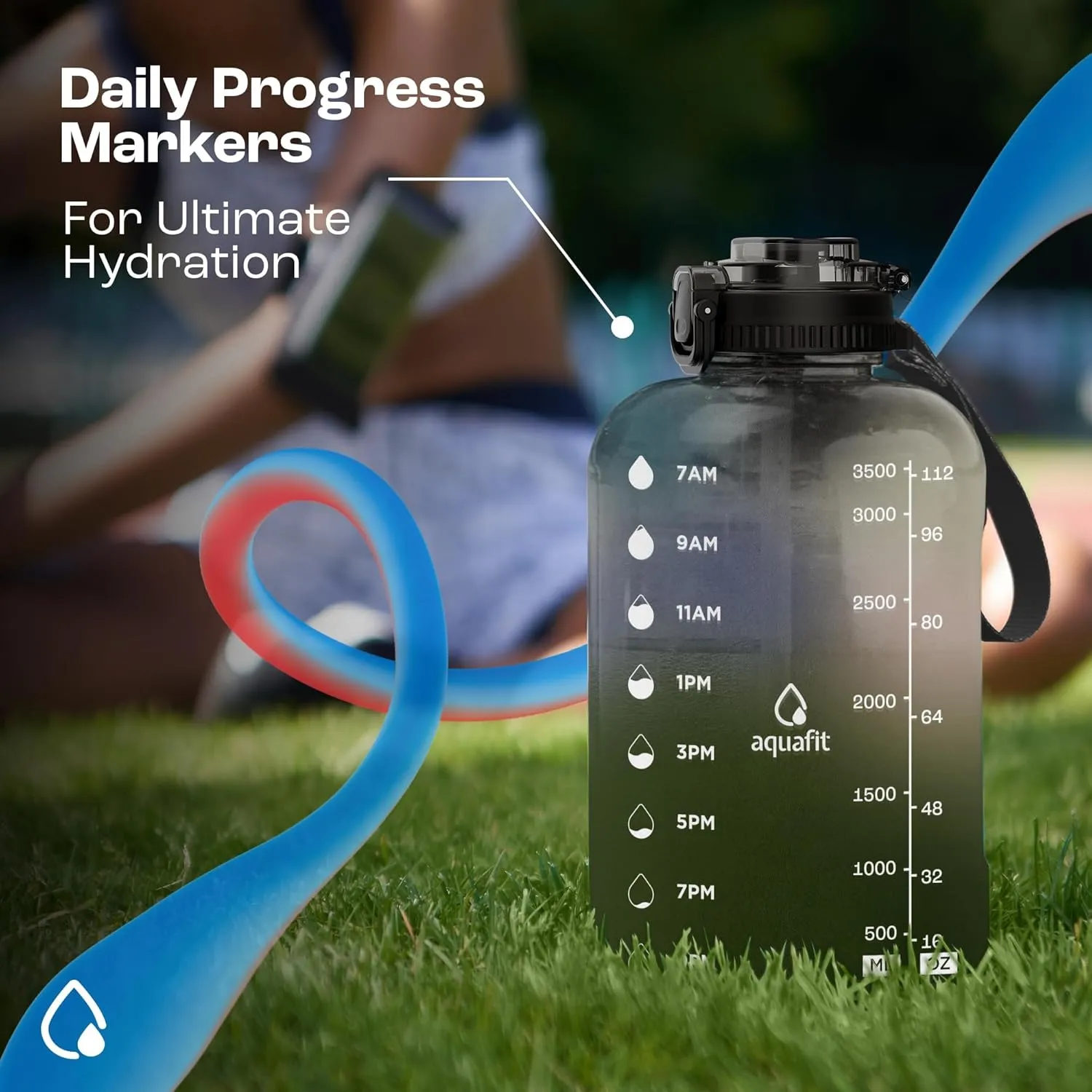 AQUAFIT 1 Gallon Water Bottle With Time Marker - 2in1 Straw & Chug Lid - BPA Free Big Jug With Handle - Gym Bottle (128 oz - 2in1 Lid, Clarity)