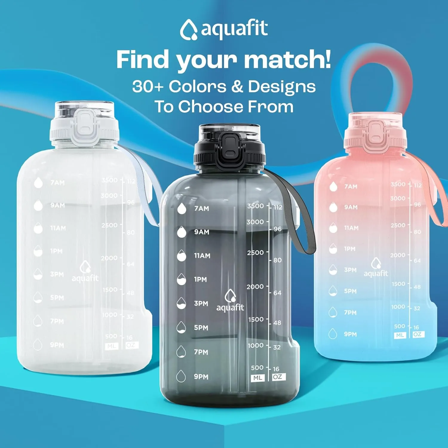 AQUAFIT 1 Gallon Water Bottle With Time Marker - 2in1 Straw & Chug Lid - BPA Free Big Jug With Handle - Gym Bottle (128 oz - 2in1 Lid, Clarity)