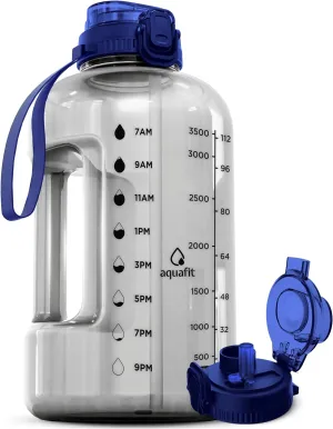 AQUAFIT 1 Gallon Water Bottle With Time Marker - 2in1 Straw & Chug Lid - BPA Free Big Jug With Handle - Gym Bottle (128 oz - 2in1 Lid, Clarity)