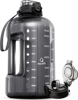 AQUAFIT 1 Gallon Water Bottle with Time Marker - 2in1 Straw & Chug Lid - BPA Free Big Water Bottle with Straw - Gym Water Bottle with Handle - Gallon Water Jug (128 oz - 2in1 Lid, Gray)