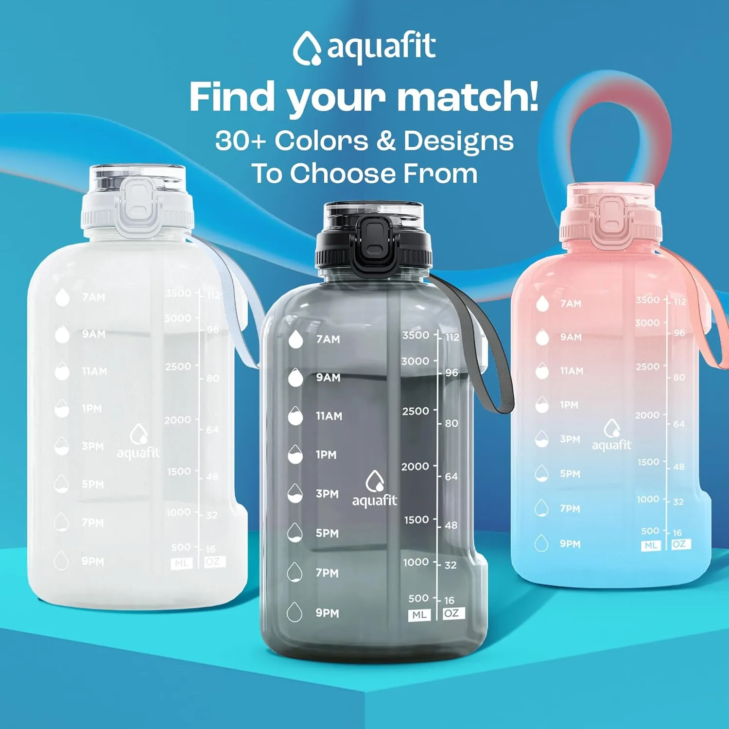 AQUAFIT 1 Gallon Water Bottle with Time Marker - 2in1 Straw & Chug Lid - BPA Free Big Water Bottle with Straw - Gym Water Bottle with Handle - Gallon Water Jug (128 oz - 2in1 Lid, Gray)
