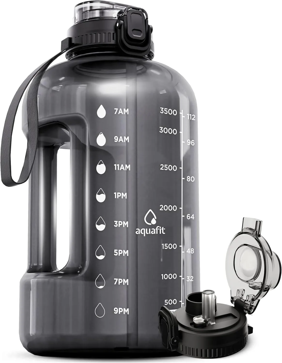 AQUAFIT 1 Gallon Water Bottle with Time Marker - 2in1 Straw & Chug Lid - BPA Free Big Water Bottle with Straw - Gym Water Bottle with Handle - Gallon Water Jug (128 oz - 2in1 Lid, Gray)