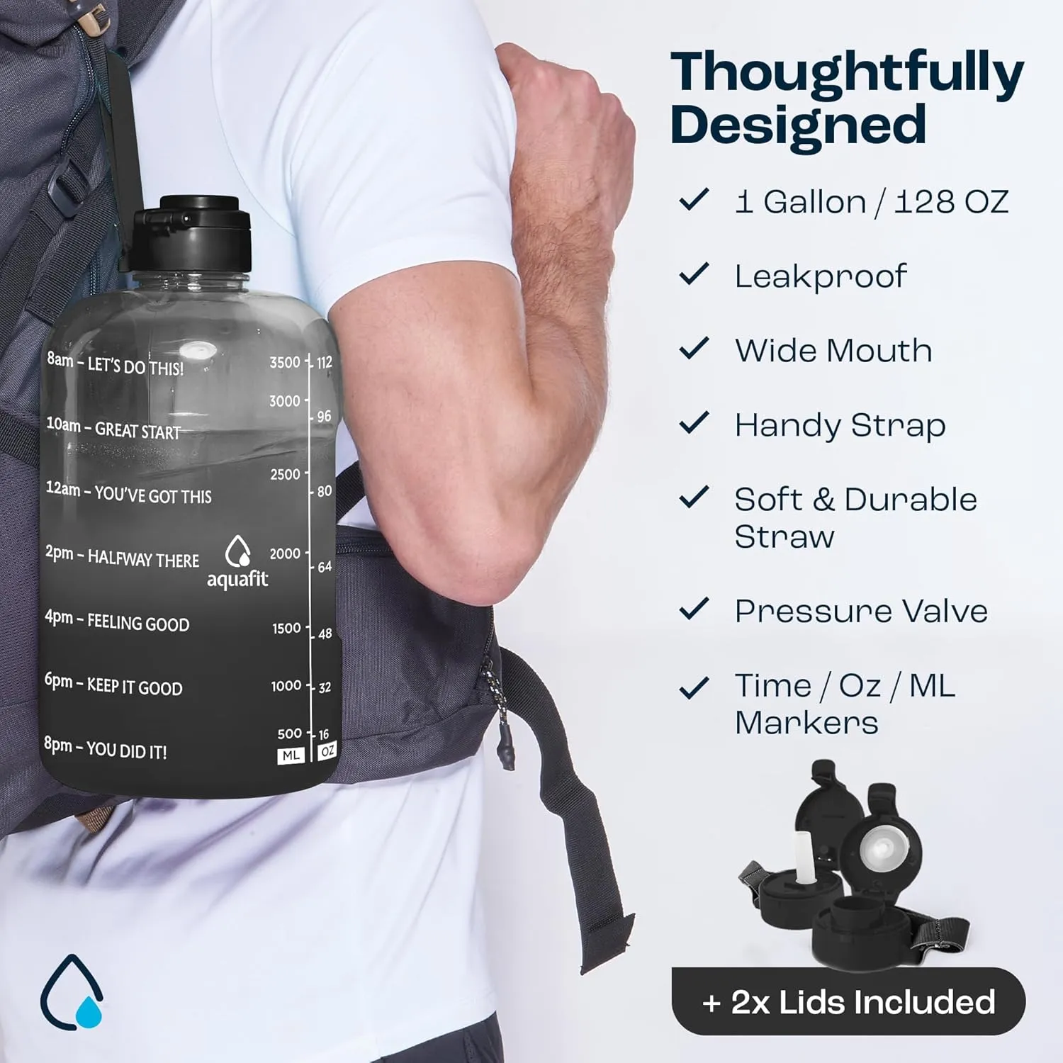 AQUAFIT 1 Gallon Water Bottle With Time Marker - Straw & Chug Lid - BPA Free Big Jug With Handle - Motivational Gym Bottle (128 oz, Midnight Gray)