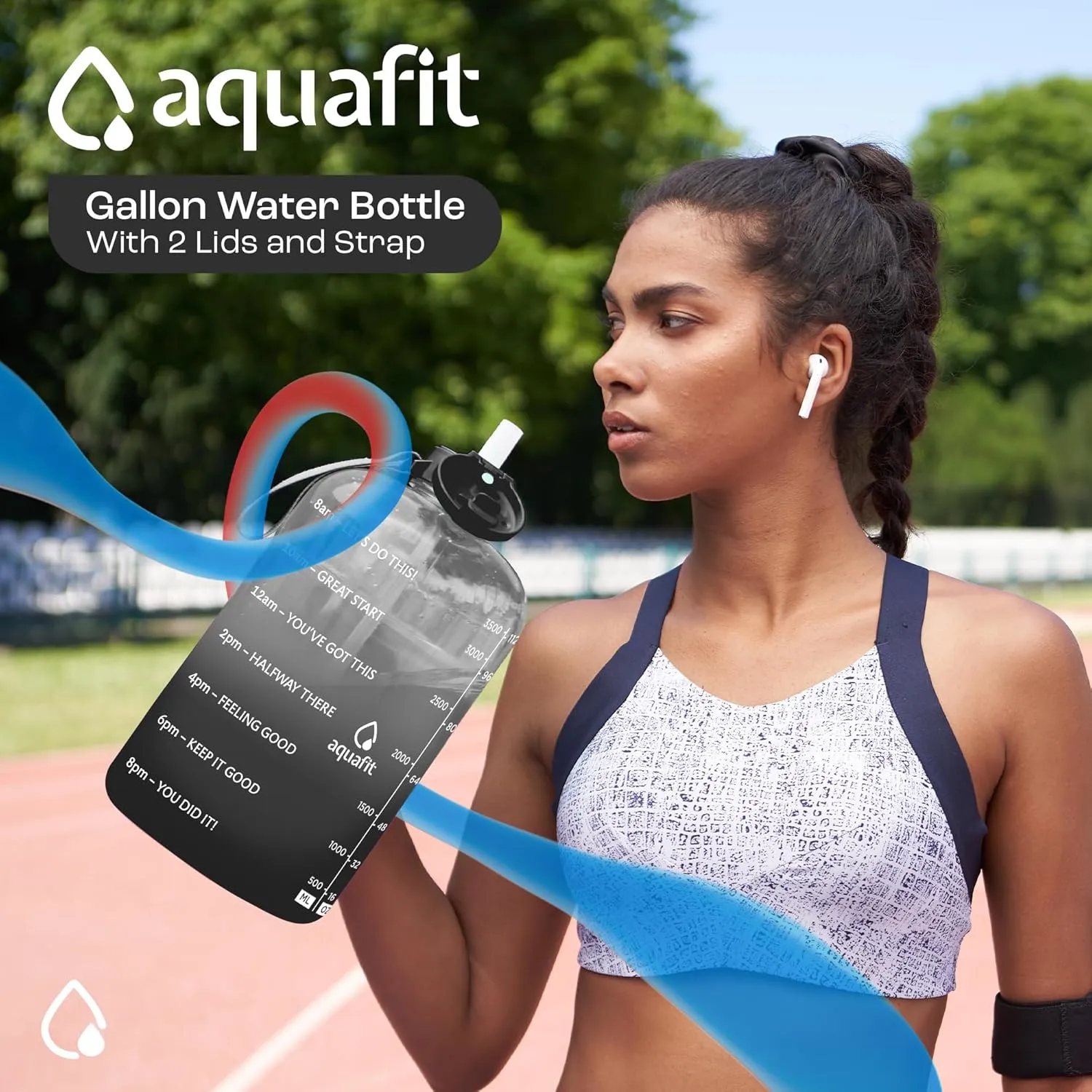 AQUAFIT 1 Gallon Water Bottle With Time Marker - Straw & Chug Lid - BPA Free Big Jug With Handle - Motivational Gym Bottle (128 oz, Midnight Gray)