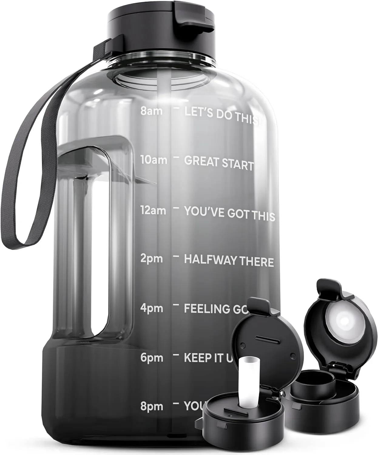 AQUAFIT 1 Gallon Water Bottle With Time Marker - Straw & Chug Lid - BPA Free Big Jug With Handle - Motivational Gym Bottle (128 oz, Midnight Gray)