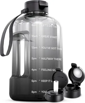 AQUAFIT 1 Gallon Water Bottle With Time Marker - Straw & Chug Lid - BPA Free Big Jug With Handle - Motivational Gym Bottle (128 oz, Midnight Gray)