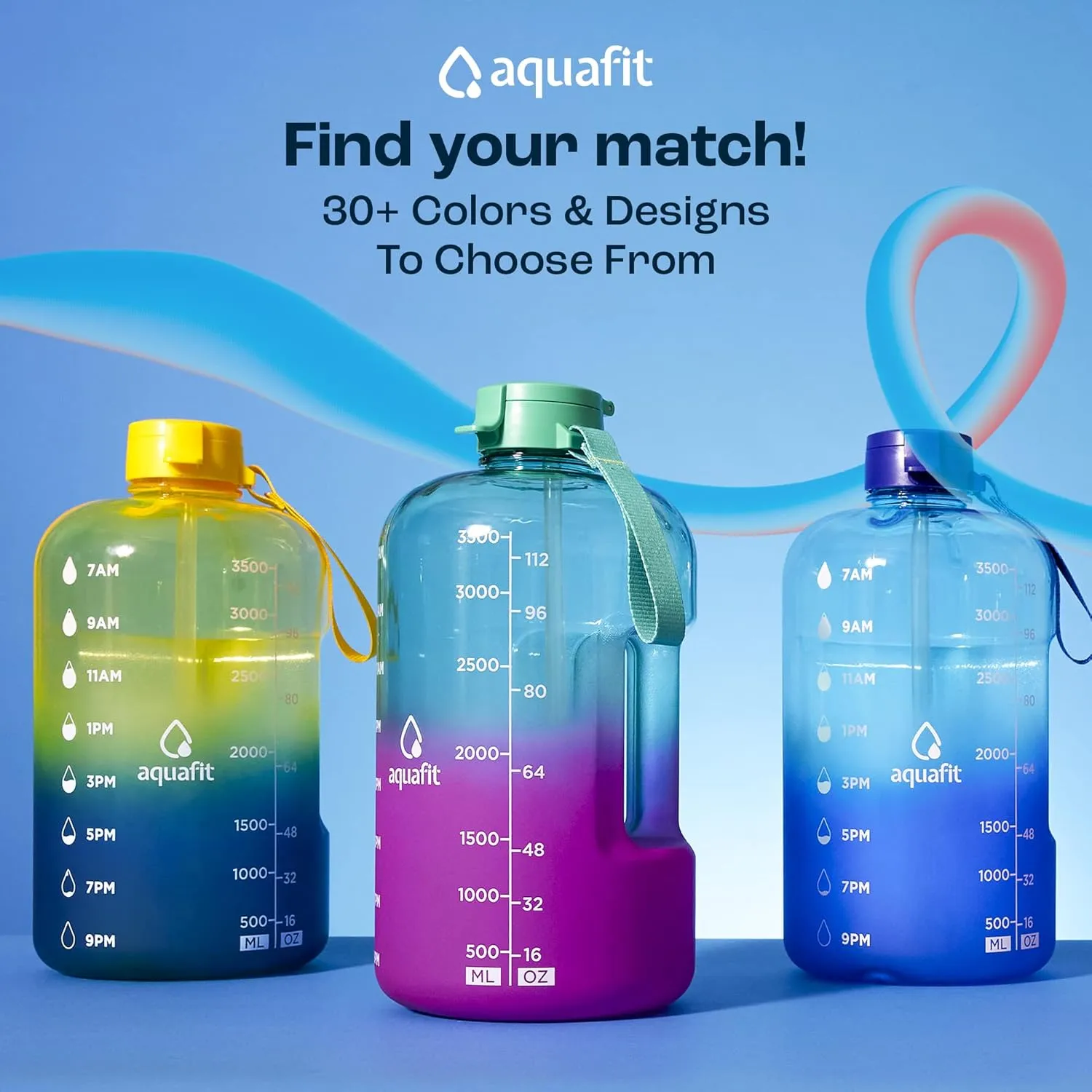 AQUAFIT 1 Gallon Water Bottle With Time Marker - Straw & Chug Lid - BPA Free Big Jug With Handle - Motivational Gym Bottle (128 oz, Midnight Gray)