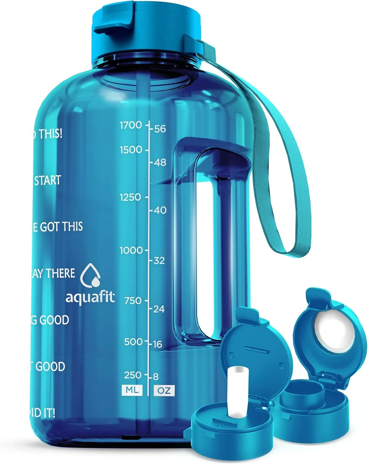 AQUAFIT Half Gallon Water Bottle With Time Marker - Straw & Chug Lid - BPA Free Big Jug With Handle - Motivational Gym Bottle (64 oz, Aqua)