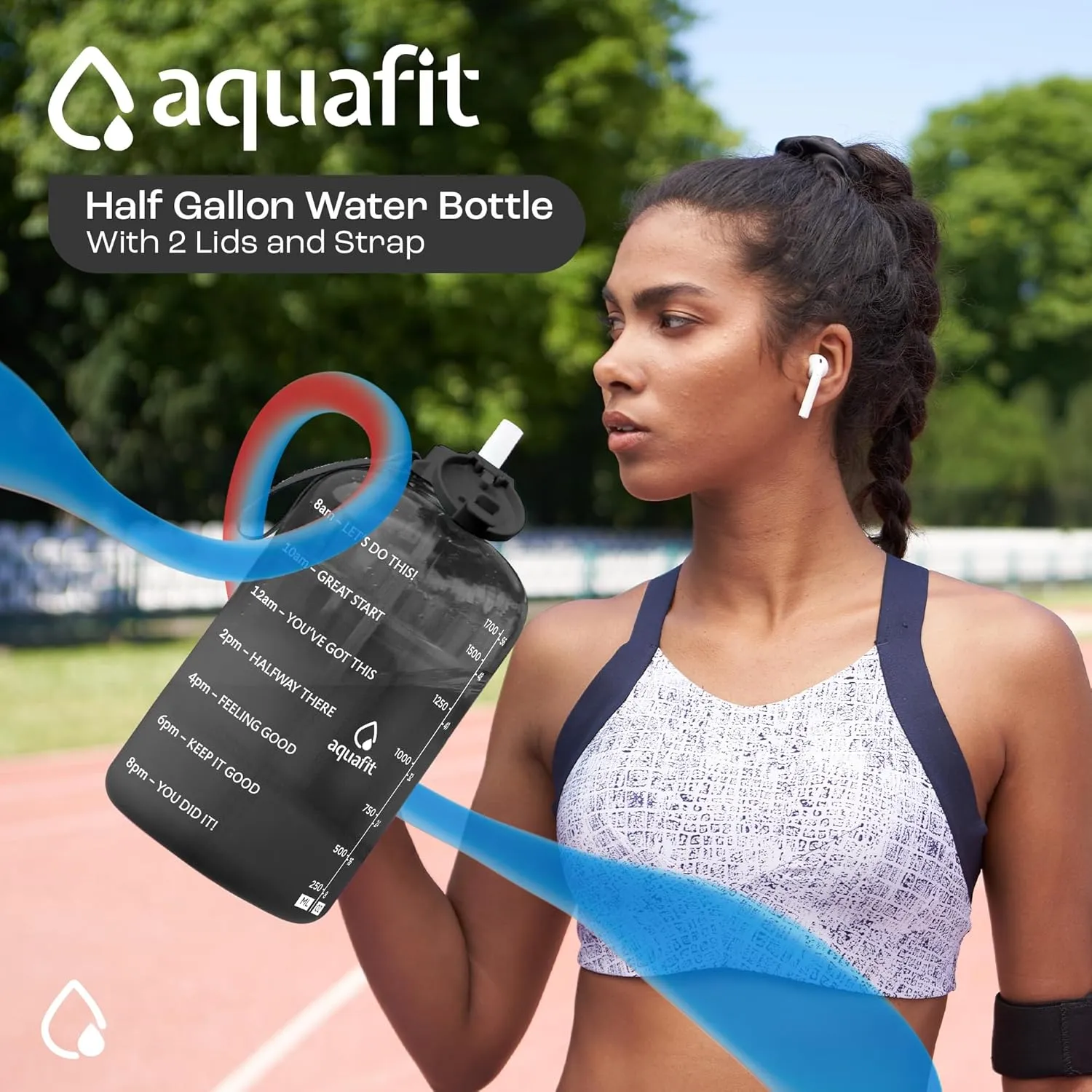 AQUAFIT Half Gallon Water Bottle With Time Marker - Straw & Chug Lid - BPA Free Big Jug With Handle - Motivational Gym Bottle (64 oz, Aqua)