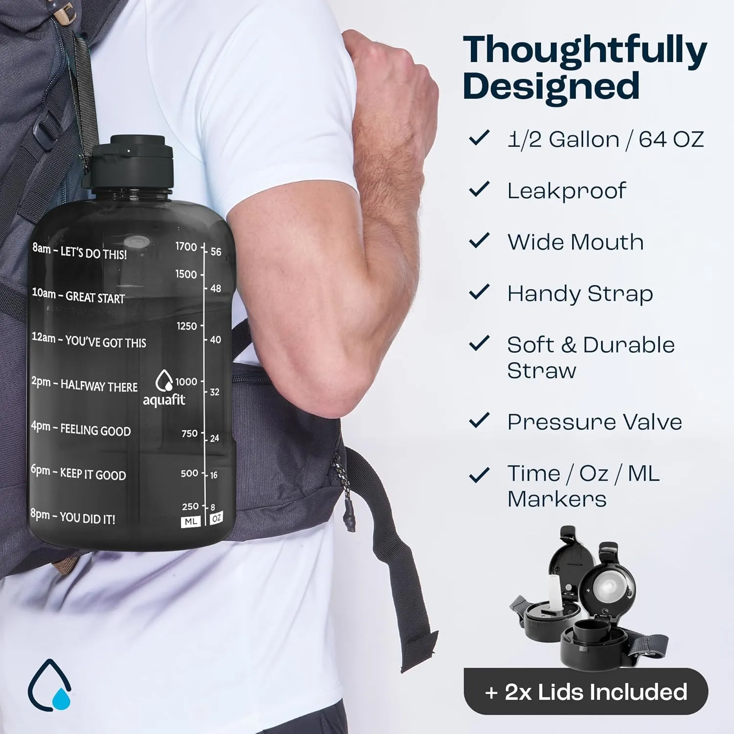 AQUAFIT Half Gallon Water Bottle With Time Marker - Straw & Chug Lid - BPA Free Big Jug With Handle - Motivational Gym Bottle (64 oz, Aqua)