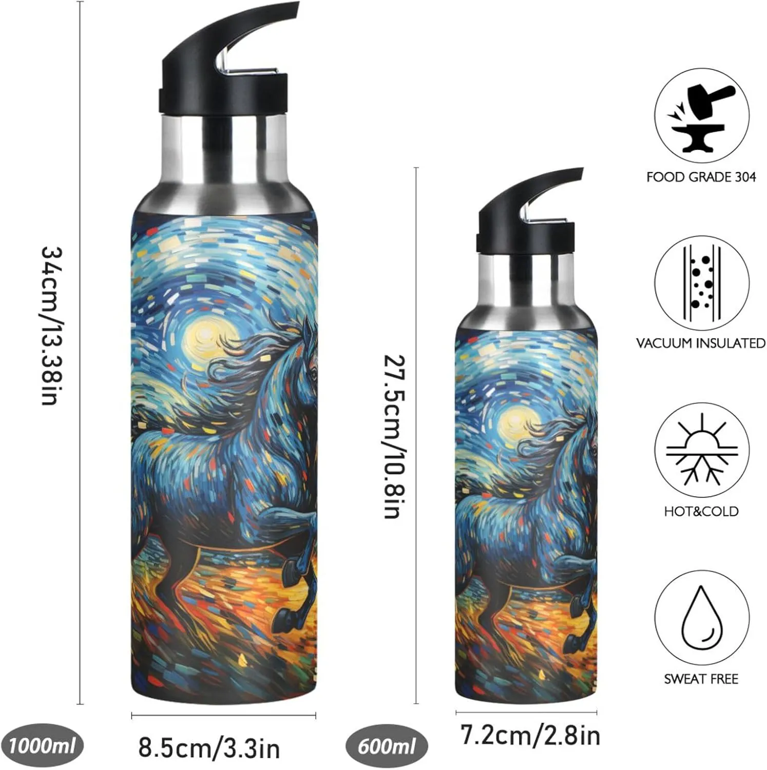 Artwork Moon Horse Sport Water Bottle Insulated Stainless Steel Large Vacuum Flask Leak Proof Thermos with Straw for Travel(600ml/1000ml)