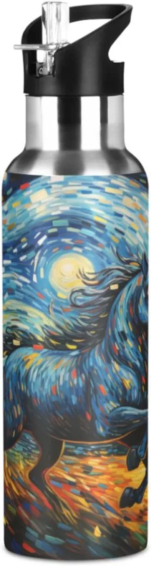 Artwork Moon Horse Sport Water Bottle Insulated Stainless Steel Large Vacuum Flask Leak Proof Thermos with Straw for Travel(600ml/1000ml)