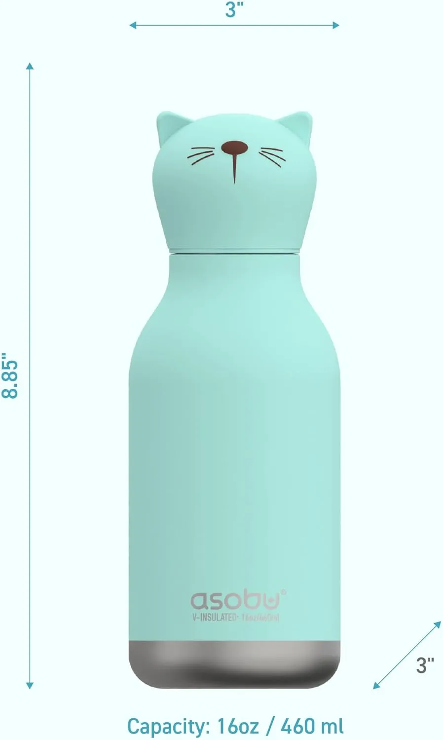 Asobu Bestie Bottle Insulated Stainless Steel Water Bottle with Detachable Soft Animal Head Fun Drinking For Kids and Teens with Flexible Reusable Straw 16 Ounce (Cat)