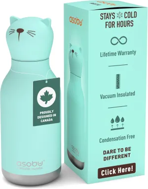 Asobu Bestie Bottle Insulated Stainless Steel Water Bottle with Detachable Soft Animal Head Fun Drinking For Kids and Teens with Flexible Reusable Straw 16 Ounce (Cat)