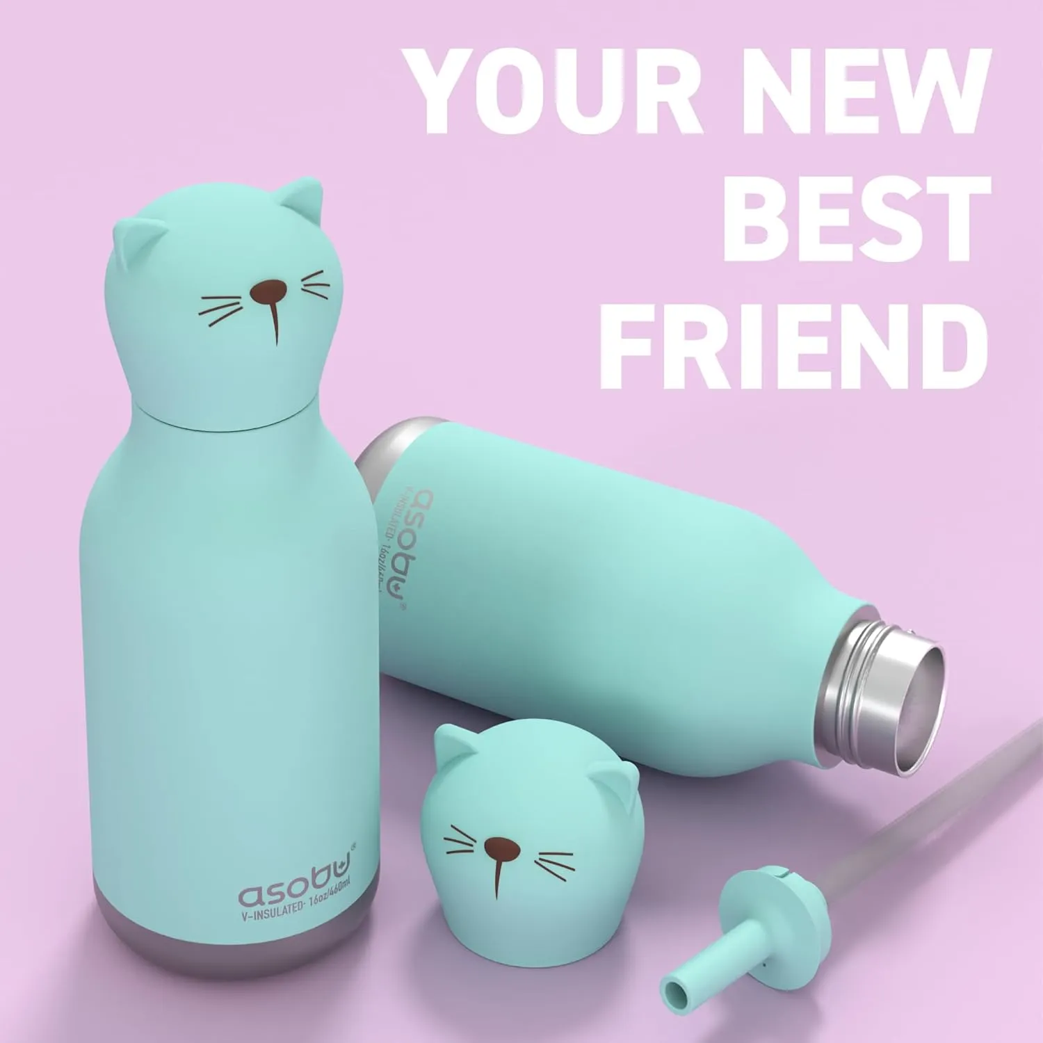 Asobu Bestie Bottle Insulated Stainless Steel Water Bottle with Detachable Soft Animal Head Fun Drinking For Kids and Teens with Flexible Reusable Straw 16 Ounce (Cat)