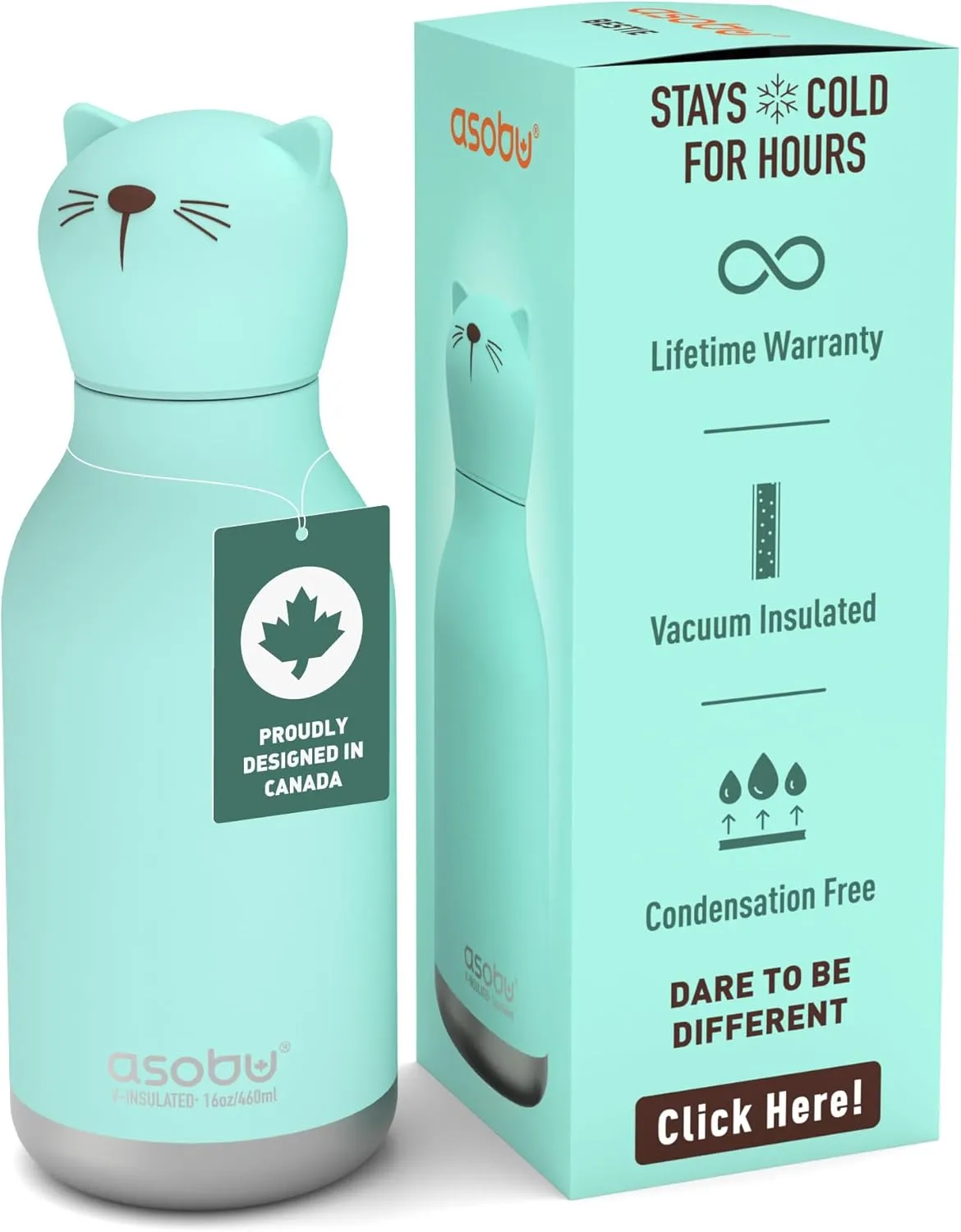 Asobu Bestie Bottle Insulated Stainless Steel Water Bottle with Detachable Soft Animal Head Fun Drinking For Kids and Teens with Flexible Reusable Straw 16 Ounce (Cat)