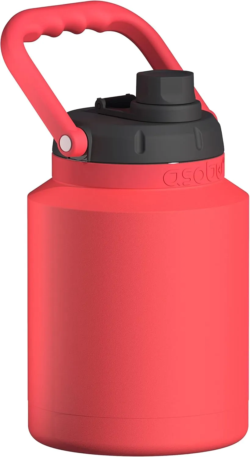 Asobu Mini Stainless Steel Double Walled Vacuum Insulated 33 Ounce Jug With Full Hand Easy Carry Handle and Pop Up Straw Water Bottler(Red)
