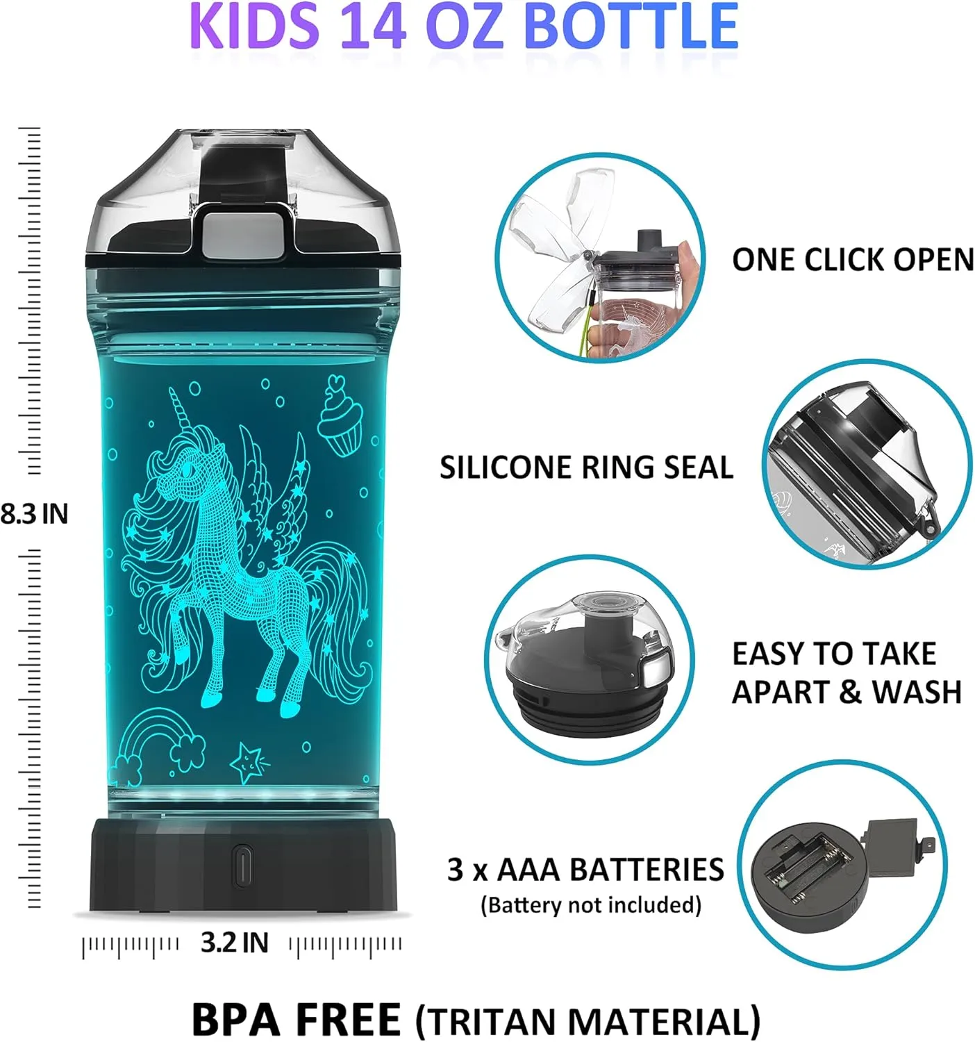 Attivolife Unicorn Water Bottle for Kids, LED Light up 3D Illusion Night Lamp -14 OZ - BPA Free Eco-Friendly Creative Glowing Cup, Ideal Back to School Gift for Girl Birthday Camping