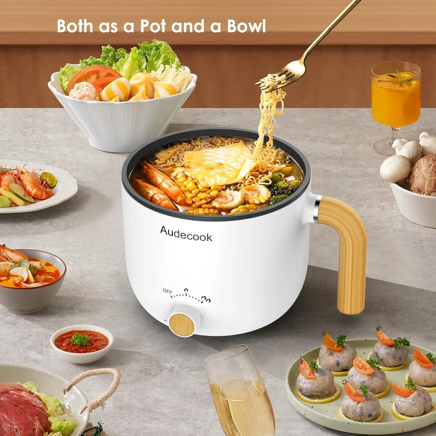 Audecook Hot Pot Electric with Steamer, 1.5L Portable Nonstick Rapid Noodles Cooker, Travel Electric Skillet with Dual Power Control for Ramen/Pasta/Soup/Steak/Egg/Oatmeal (White)