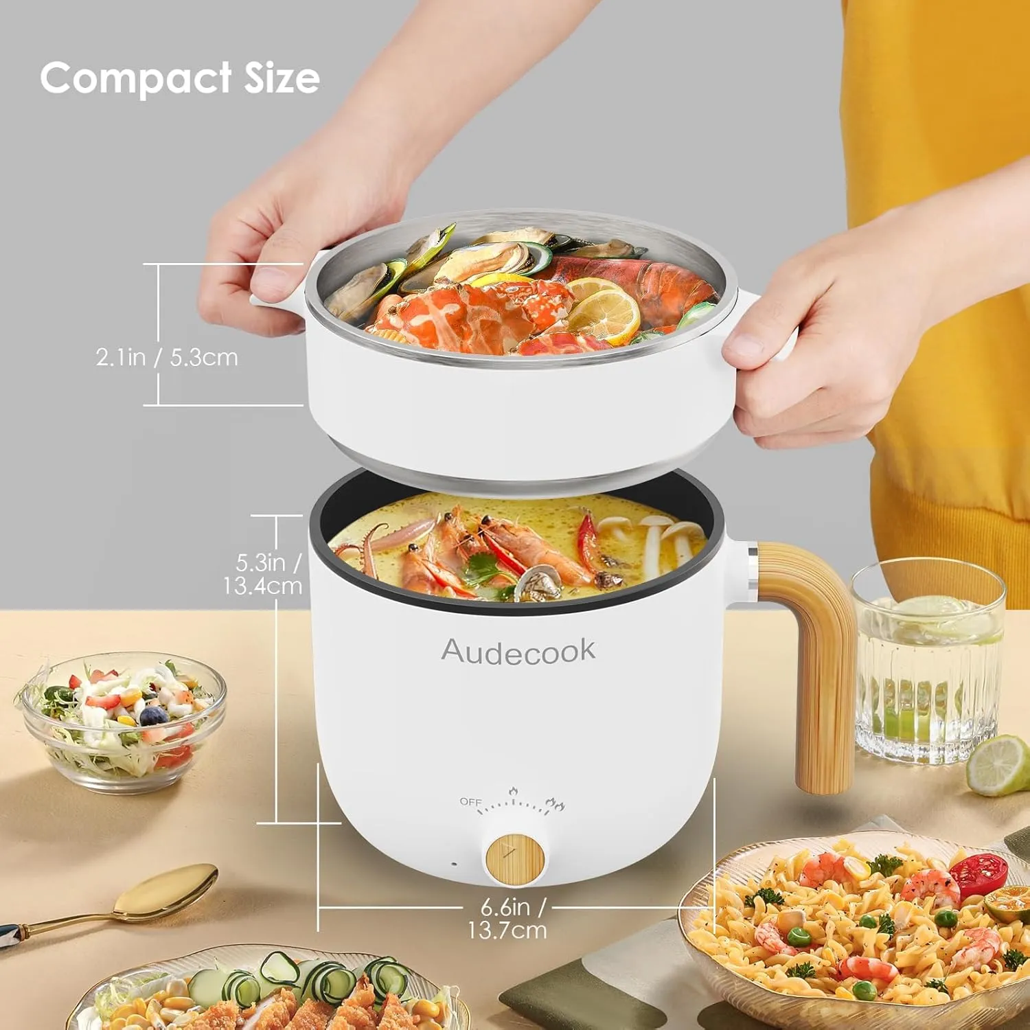 Audecook Hot Pot Electric with Steamer, 1.5L Portable Nonstick Rapid Noodles Cooker, Travel Electric Skillet with Dual Power Control for Ramen/Pasta/Soup/Steak/Egg/Oatmeal (White)