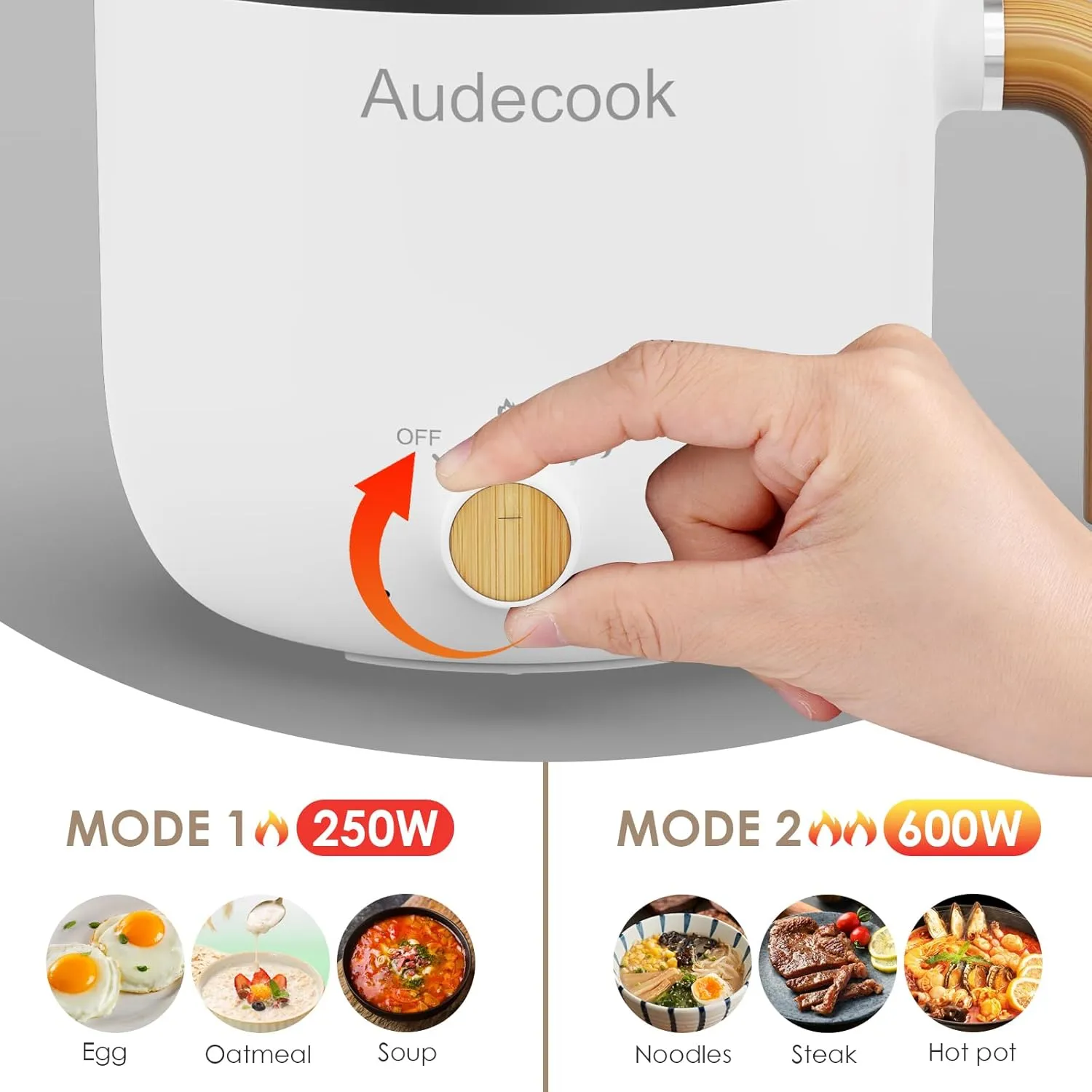 Audecook Hot Pot Electric with Steamer, 1.5L Portable Nonstick Rapid Noodles Cooker, Travel Electric Skillet with Dual Power Control for Ramen/Pasta/Soup/Steak/Egg/Oatmeal (White)