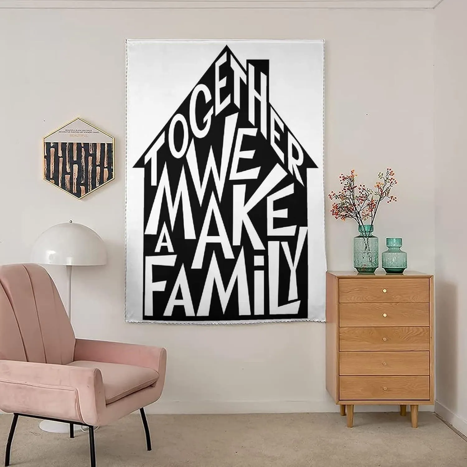 Autohesion Curtains, Family Window Curtain Panel, Together We Make a Family Shaped as a House Print Thermal Lnsulated Room Darkening Small Drapes,26W x40L Inch, for Kitchen Bathroom Living Room