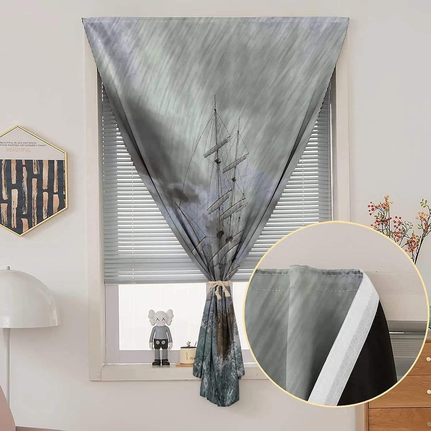 Autohesion Curtains, Nautical Window Curtain Panel, Old Ship on Ocean in Wave Rainy Stormy Weather Print Thermal Lnsulated Room Darkening Small Drapes,26W x40L Inch, for Kitchen Bathroom Living Room