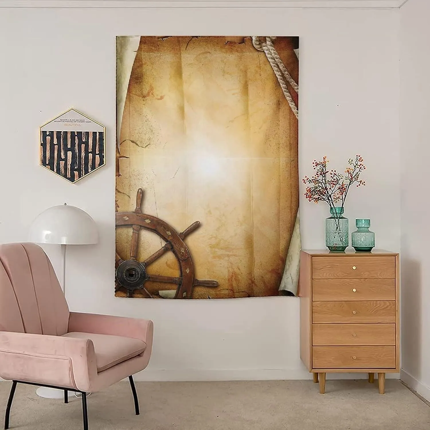 Autohesion Curtains, Ships Wheel Window Curtain Panel, Steering Wheel on Old Antique Paper Art Print Thermal Lnsulated Room Darkening Small Drapes,24W x40L Inches, for Nursery,Children Kids Bedroom