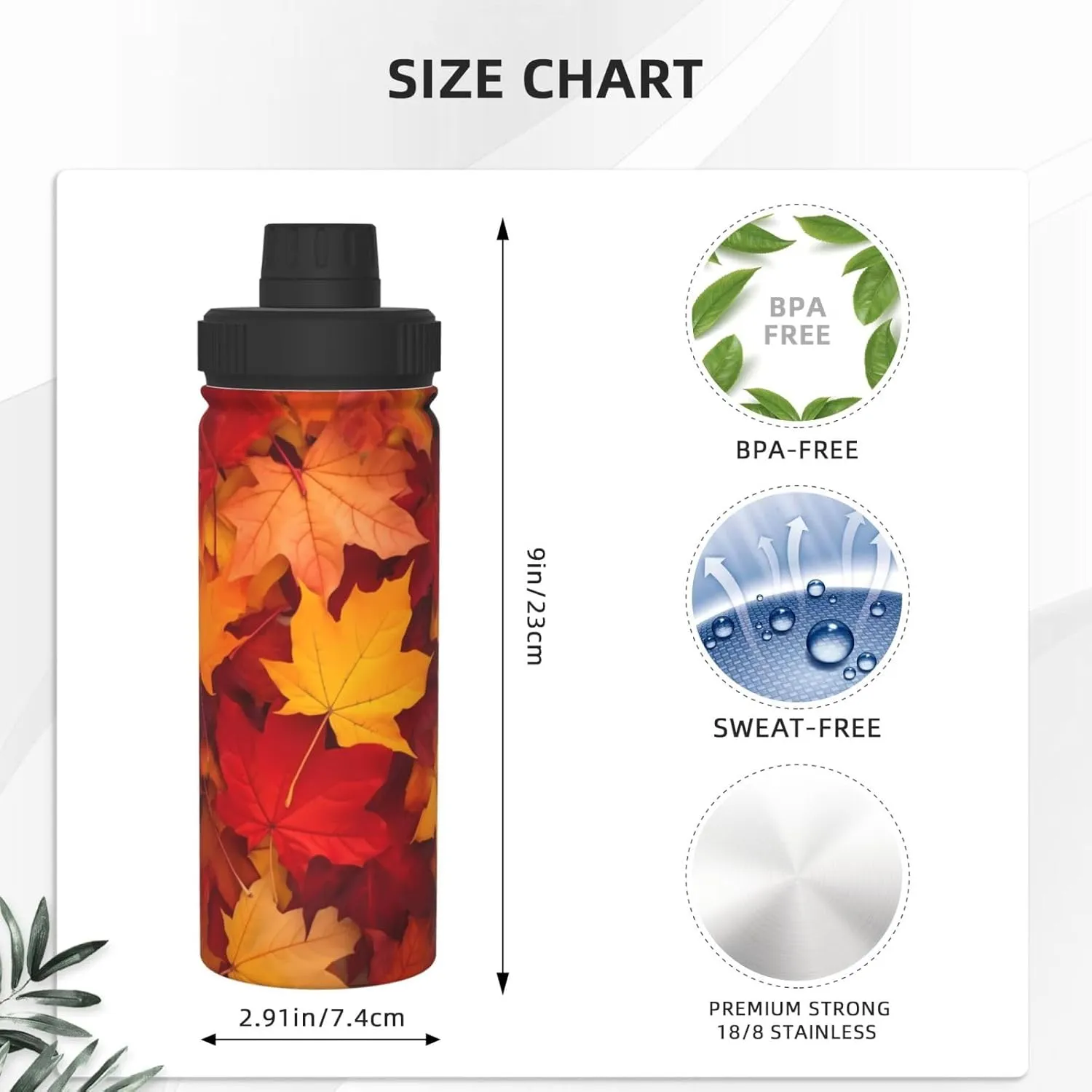 Autumn Leaves Fall 18 OZ Insulated Stainless Steel Bottles, Sports Water Tumbler with Lid Unisex Insulated Water Cup for Outdoor Sports Hiking Cycling﻿