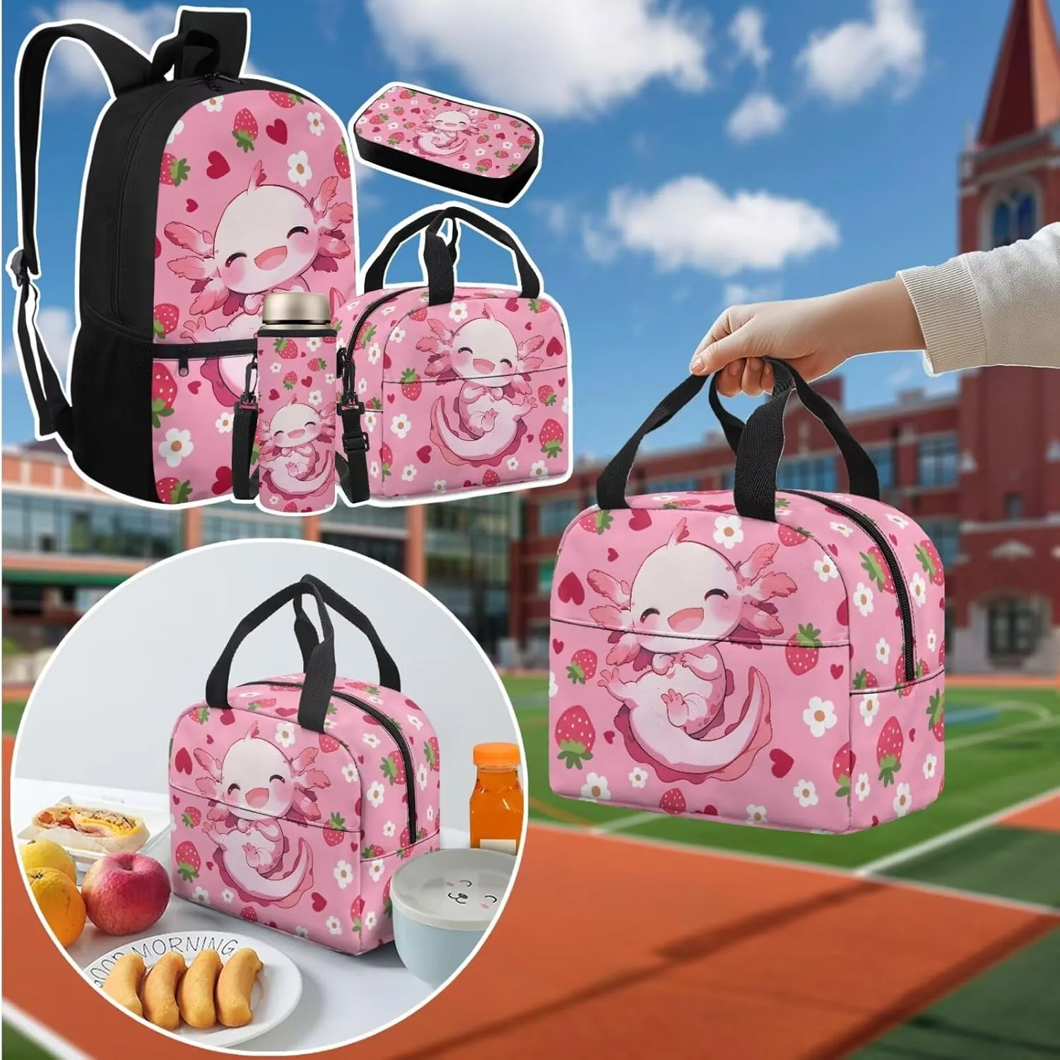 Axolotl 4 Piece Backpack Set for Girls 17 Inch with Lunch Box and Water Bottle Bag Pencil Case Large Capacity Teen Bookbag for Girls Ages 8-14 Kindergarten Elementary Middle Camping Travel