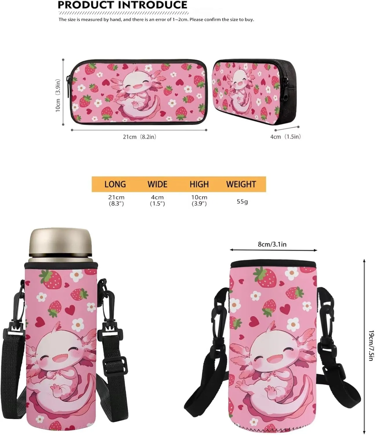 Axolotl 4 Piece Backpack Set for Girls 17 Inch with Lunch Box and Water Bottle Bag Pencil Case Large Capacity Teen Bookbag for Girls Ages 8-14 Kindergarten Elementary Middle Camping Travel