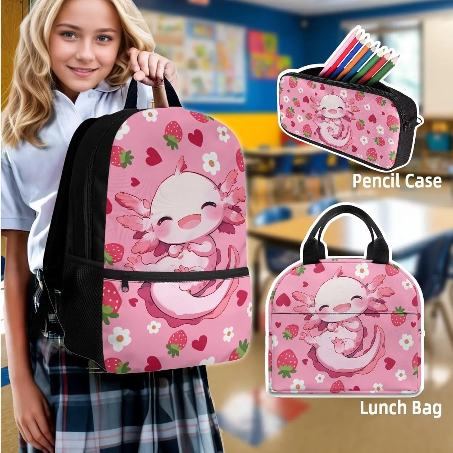 Axolotl 4 Piece Backpack Set for Girls 17 Inch with Lunch Box and Water Bottle Bag Pencil Case Large Capacity Teen Bookbag for Girls Ages 8-14 Kindergarten Elementary Middle Camping Travel