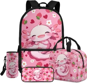Axolotl 4 Piece Backpack Set for Girls 17 Inch with Lunch Box and Water Bottle Bag Pencil Case Large Capacity Teen Bookbag for Girls Ages 8-14 Kindergarten Elementary Middle Camping Travel