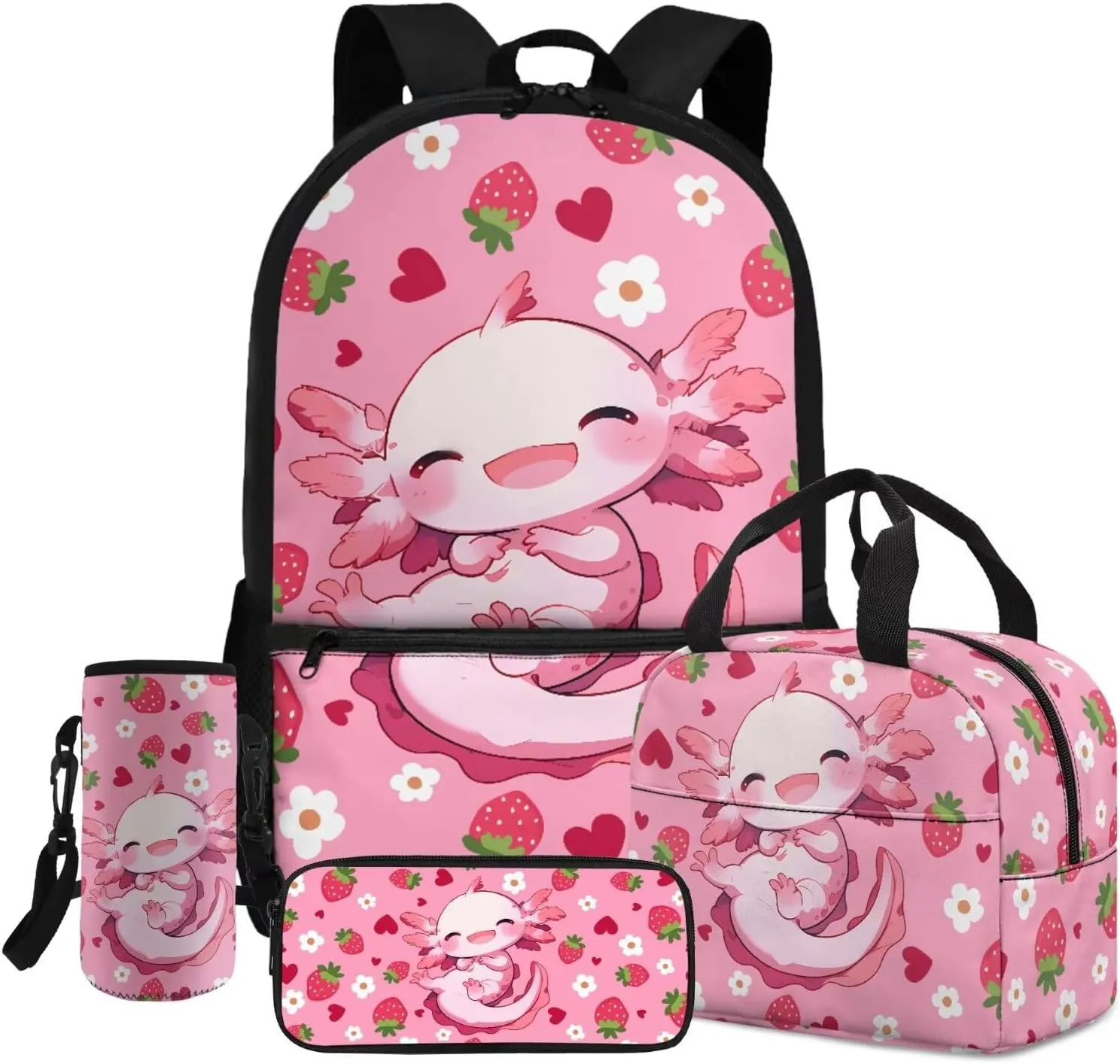 Axolotl 4 Piece Backpack Set for Girls 17 Inch with Lunch Box and Water Bottle Bag Pencil Case Large Capacity Teen Bookbag for Girls Ages 8-14 Kindergarten Elementary Middle Camping Travel
