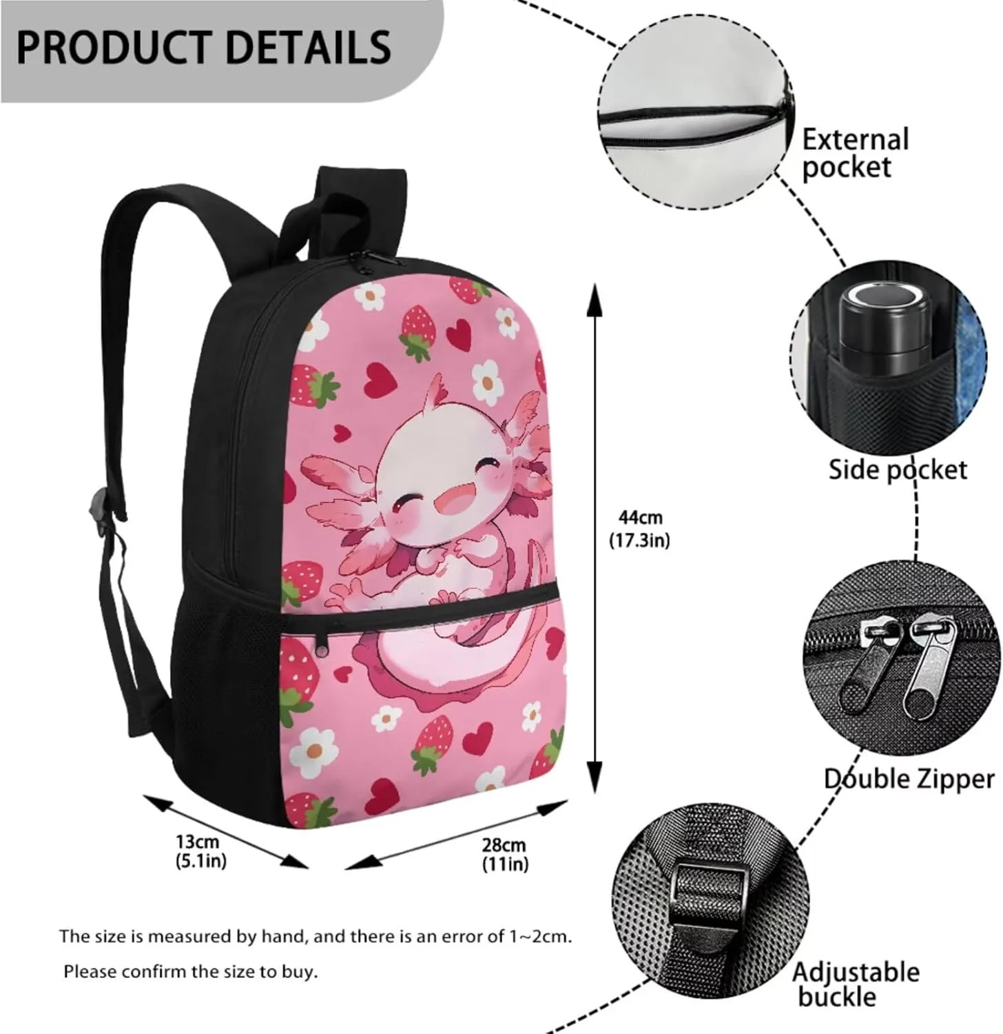 Axolotl 4 Piece Backpack Set for Girls 17 Inch with Lunch Box and Water Bottle Bag Pencil Case Large Capacity Teen Bookbag for Girls Ages 8-14 Kindergarten Elementary Middle Camping Travel