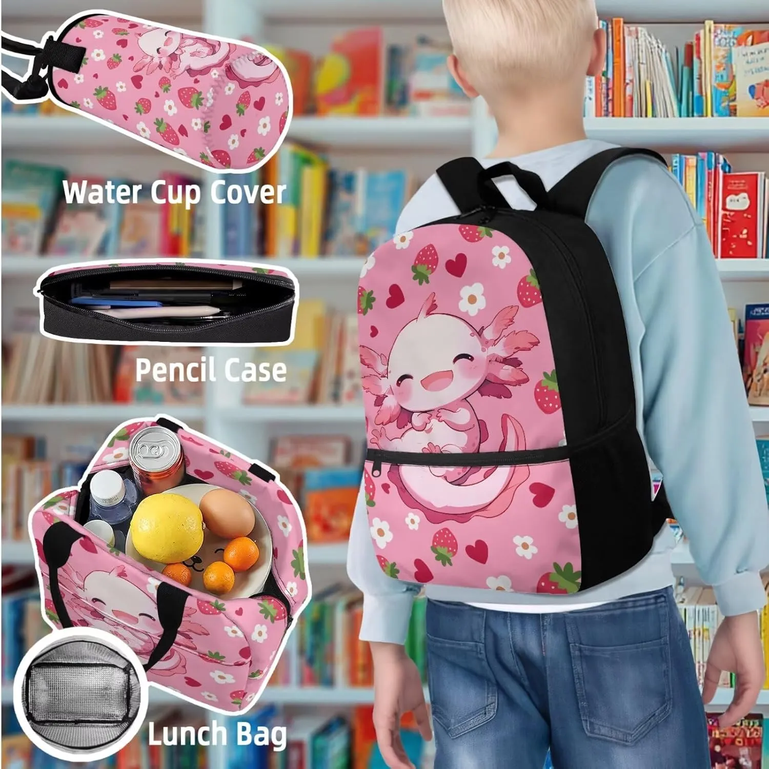Axolotl 4 Piece Backpack Set for Girls 17 Inch with Lunch Box and Water Bottle Bag Pencil Case Large Capacity Teen Bookbag for Girls Ages 8-14 Kindergarten Elementary Middle Camping Travel
