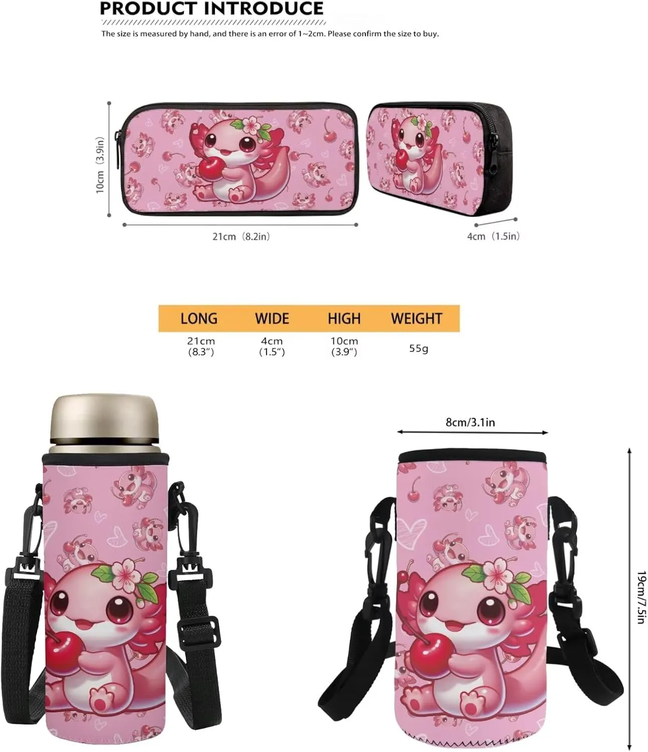 Axolotl Backpack for Girls Backpack with Lunch Box and Water Bottle Bag Set Pencil Case Large Capacity Lightweight Teen Bookbag for Girls Ages 6-10 10-14 Kindergarten Elementary Middle