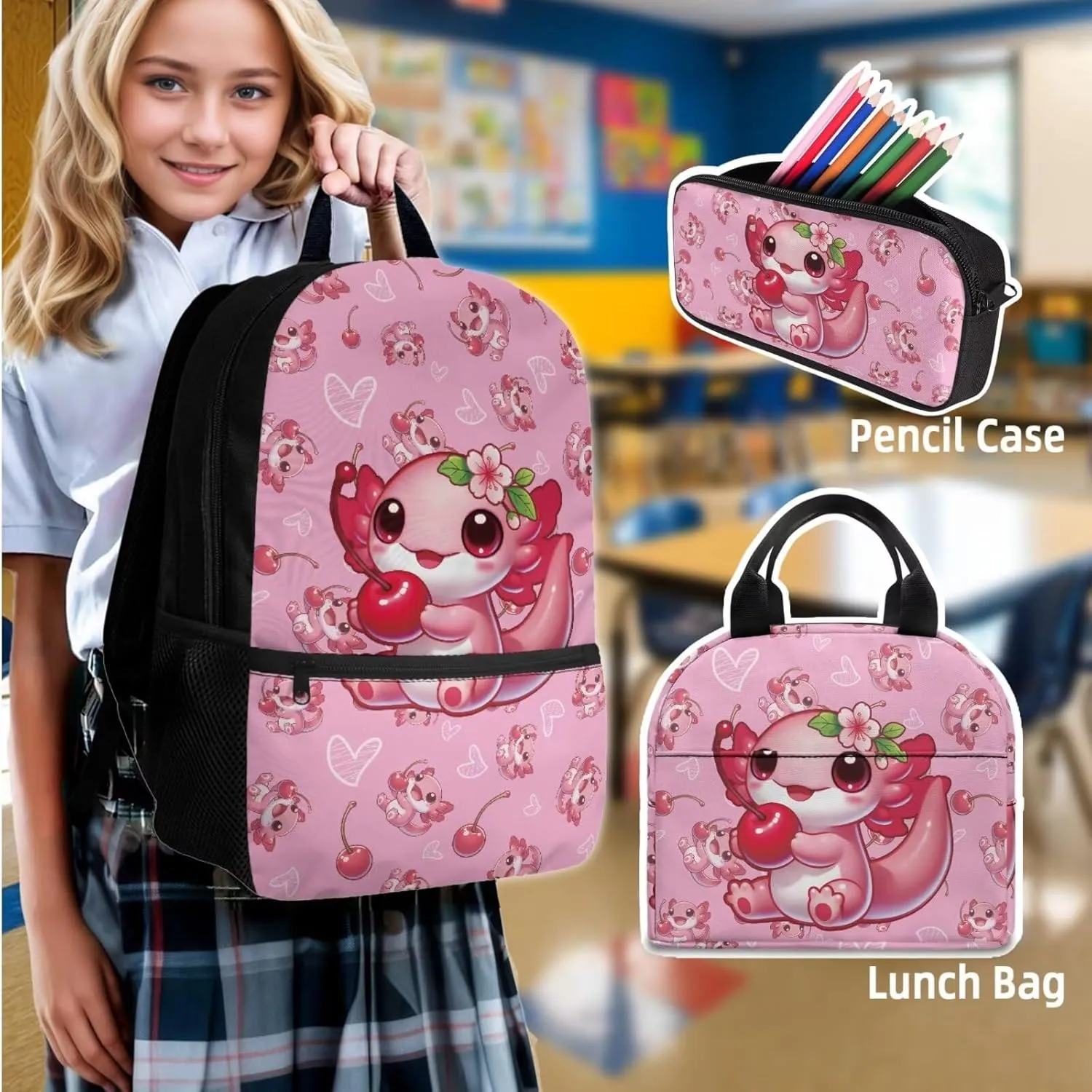 Axolotl Backpack for Girls Backpack with Lunch Box and Water Bottle Bag Set Pencil Case Large Capacity Lightweight Teen Bookbag for Girls Ages 6-10 10-14 Kindergarten Elementary Middle