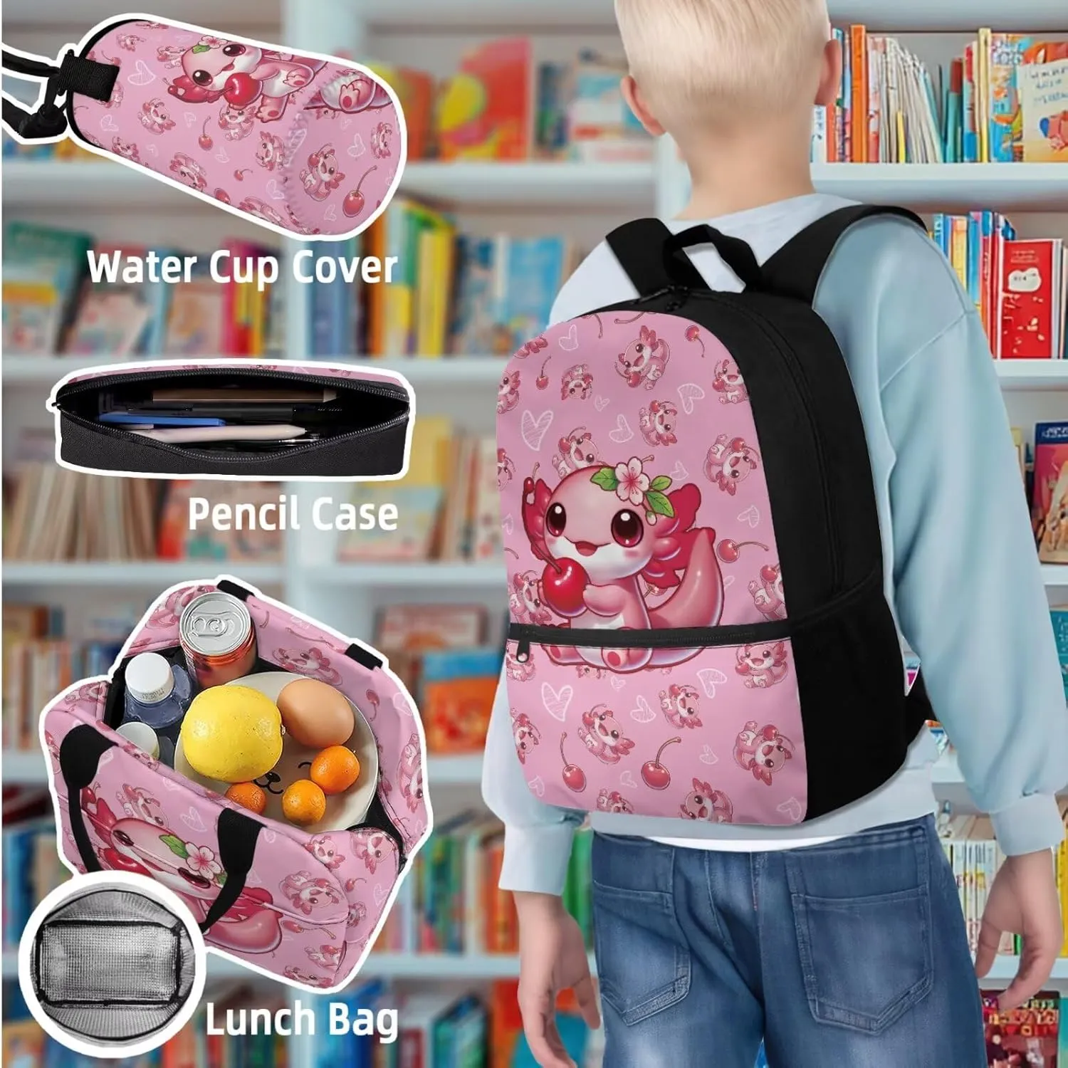 Axolotl Backpack for Girls Backpack with Lunch Box and Water Bottle Bag Set Pencil Case Large Capacity Lightweight Teen Bookbag for Girls Ages 6-10 10-14 Kindergarten Elementary Middle
