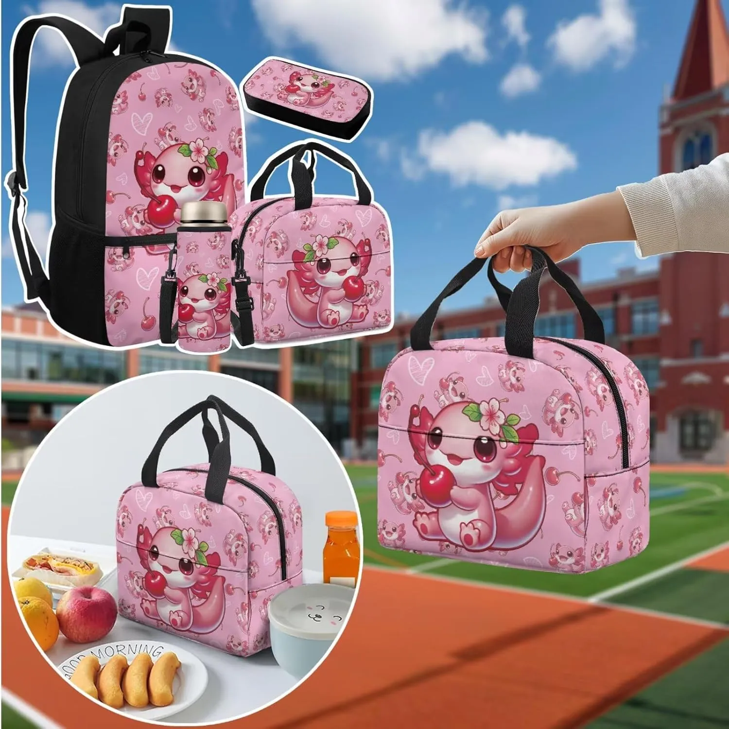 Axolotl Backpack for Girls Backpack with Lunch Box and Water Bottle Bag Set Pencil Case Large Capacity Lightweight Teen Bookbag for Girls Ages 6-10 10-14 Kindergarten Elementary Middle