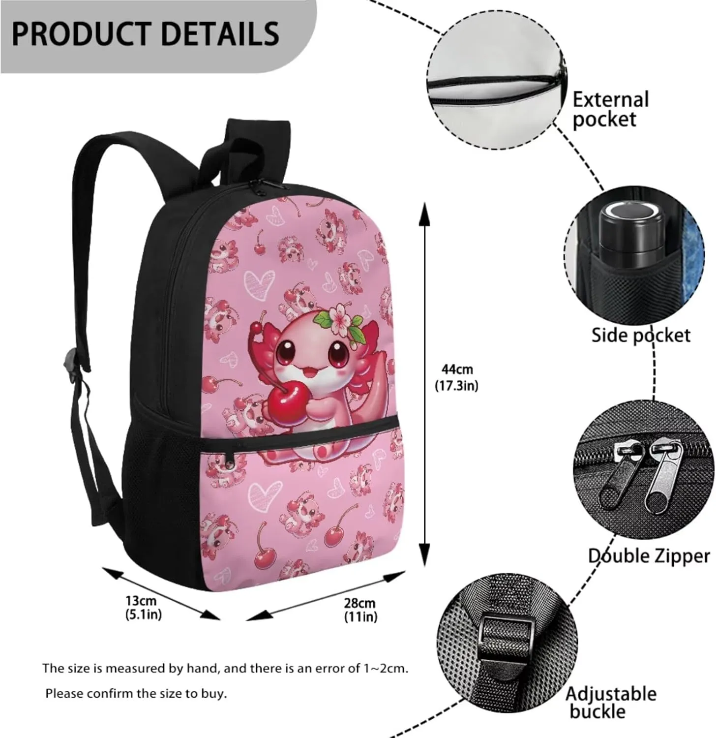 Axolotl Backpack for Girls Backpack with Lunch Box and Water Bottle Bag Set Pencil Case Large Capacity Lightweight Teen Bookbag for Girls Ages 6-10 10-14 Kindergarten Elementary Middle