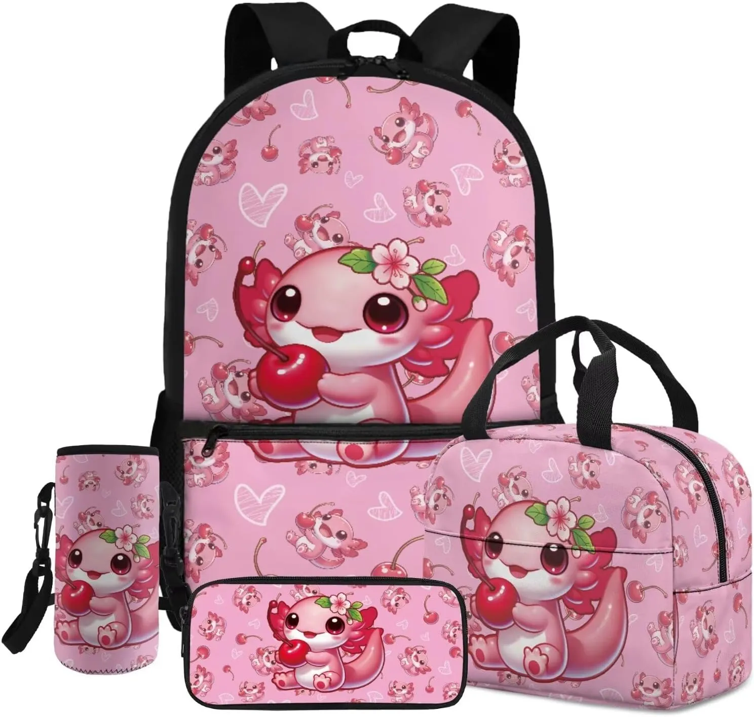 Axolotl Backpack for Girls Backpack with Lunch Box and Water Bottle Bag Set Pencil Case Large Capacity Lightweight Teen Bookbag for Girls Ages 6-10 10-14 Kindergarten Elementary Middle